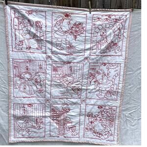 Kids Santa Christmas Throw Wall Hanging Red Work Embroidery Retro 1920s Style